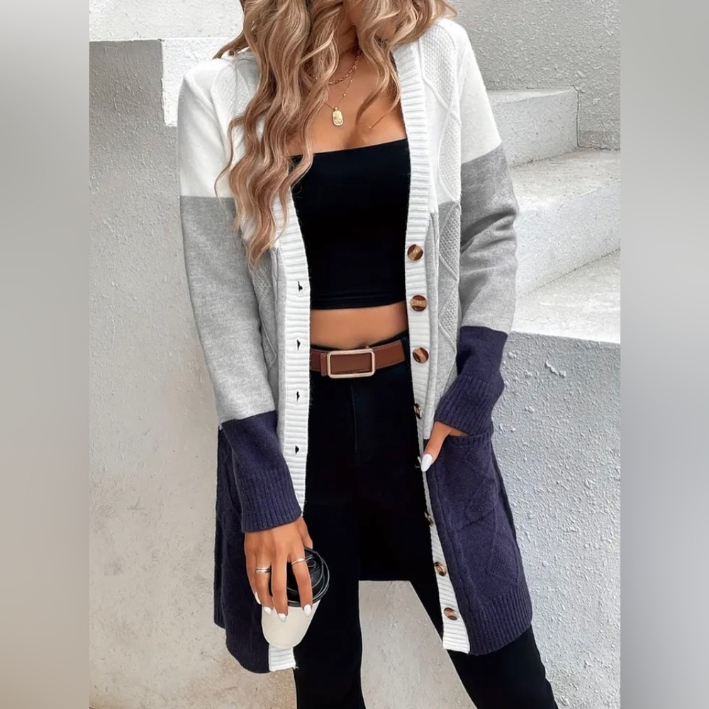 New Cozy Longline Cardigan Chunky Knit Colorblock Long Sleeves White Gray Navy - Picture 9 of 16